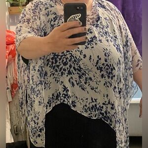 White and Blue Floral Sheer Poncho